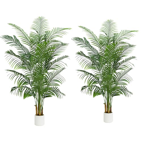2 Pack Artificial Palm Tree Indoor Plant 7FT Tall Fake Tropical Palm Tree in Pot, Real Bark Design Faux Areca Palm Tree for Home Office Living Room Bedroom Farmhouse Modern Outdoor Topiary Tree - size: 7FT-2