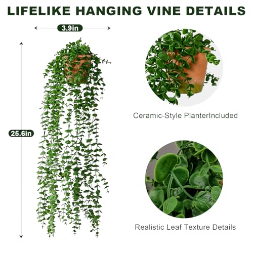 2 Pack Artificial Ivy Plants with Pots, Faux Ivy Vines Hanging Plant Greenery Fake Trailing Ivy Wall Decor for Living Room Home Shelf Bedroom Bathroom Indoor Decor (Green-01) - color: Green-01