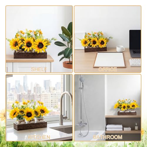 AceOrbit 3 Pcs Artificial Sunflower Potted Plants with Wood Tray Farmhouse Faux Sunflowers for Kitchen Table Centerpieces Fake Yellow Flowers in Rustic Pots for Dining Home Bathroom Wedding (Classic) - style: Classic