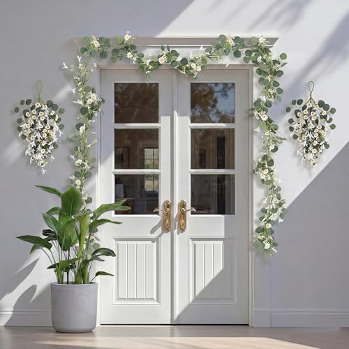 Pinkpum 20'' Eucalyptus Wreath 22'' Daisy Teardrop Swags Set 4 for Front Door Fireplace Hanging Porch Wall Home Window Kitchen Decor Farmhouse Garden Party Indoor Outdoor Summer Spring Fall - color: White Set 3, size: 20''