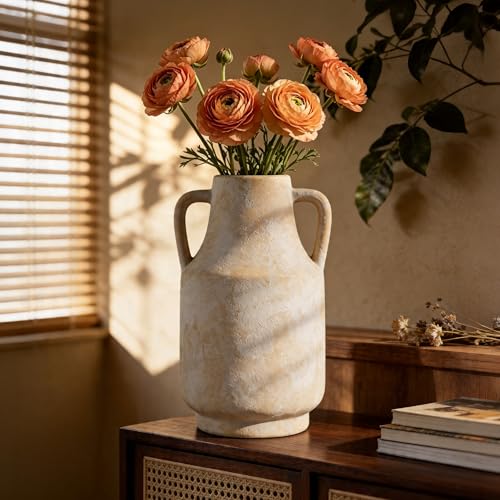 Ceramic Flower Vase, 10.6" Rustic Farmhouse Decorative Vase, Wide Ceramic Pottery Vase for Fresh Flowers, Pampas Grass, Living Room, Fireplace Mantel, Table and Shelf Decor - color: Rustic-6.7"l X 6.3"w X 10.6"h