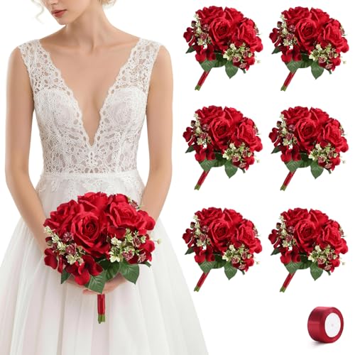 Bridesmaid Bouquets Set of 6, 7.5-Inch Wide Artificial Silk Rose & Hydrangea Wedding Bouquets for Party, Ceremony, Bridal Shower, Wedding Decor (Burgundy) - color: Burgundy