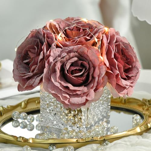 Artificial Rose in Glass Vase Vintage Silk Flower Arrangement with LED Light for Table Centerpiece Home Wedding Decoration (Plum Purple) - color: Plum Purple