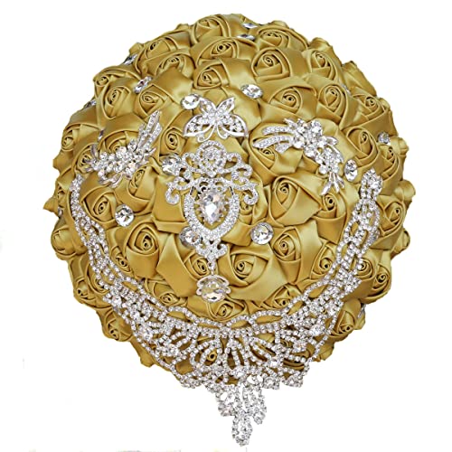 Handmade Luxury Wedding Bridal Bouquet Large Silk Rose Holding Toss Artificial Flowers Bouquets with Satin Ribbon Pearls Rhinestone for Bride Vintage Royal Wedding Bouquet (Golden) - color: Golden