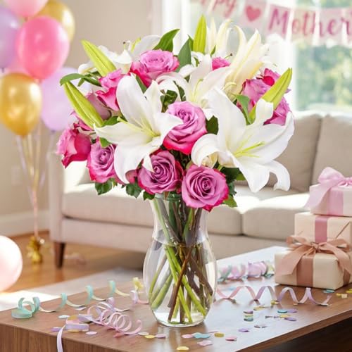 Benchmark Bouquets Oriental Lily & Purple Rose Bouquet – Real Fresh Flowers for Delivery – Mothers Day Gifts for Mom – Long Stem Roses with Fragrant Lilies – Purple Flowers – Glass Vase Included - color: Purple