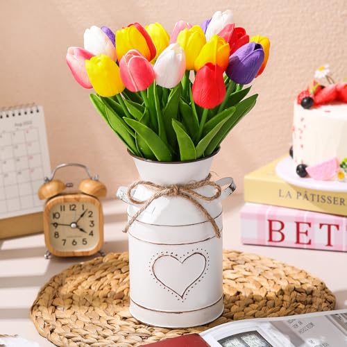 Uiifan 19 Pcs Spring Easter Centerpieces for Tables Home Office Decoration 18 Fake Artificial Tulip Flower Faux Realistic PU Bouquet with 1 Metal Pot Vase for Wedding Baby Shower(Bright Color) - color: Bright Color