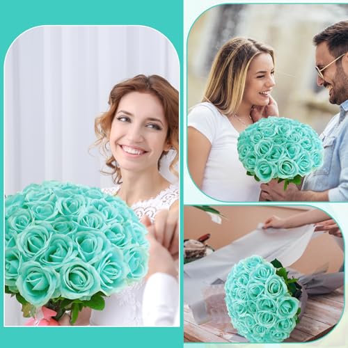 72 Pcs Artificial Roses Turquoise Fake Silk Roses Realistic Roses Faux Flower Indoor Wedding Home Decor, Birthday Decorations - color: Turquoise