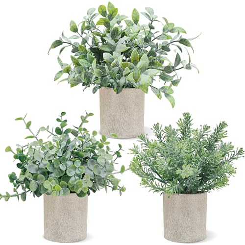 USLAI 3 Pack Fake Plants, 8-Inch Small Potted Eucalyptus Artificial Plants for Home Office Room Shelf Desk Decor