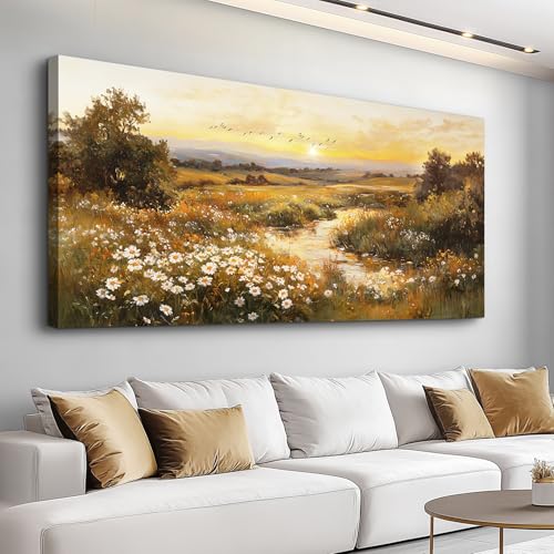 ZUITINGHUA Large Wall Decor For Living Room Canvas Wall Art For Office Modern Wall Decorations For Bedroom Daisy Field Landscape Painting Sunset Pictures Artwork Room Home Decor 24x48 In - color: Sunset Daisy Field, size: 48"L x 24"W