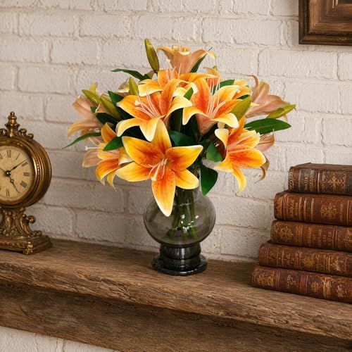 ATFL Artificial Lilies Flowers,9 Pcs Faux Lily Flowers,16''Tiger Lily Branches with 2 Full Blooms and 1 Bud,Faux Fake Lilies Plants for Wedding Bouquet Floral Arrangements (9, deep Orange) - color: Deep Orange