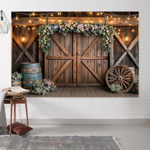10x10ft Country Wedding Photography Backdrop Rustic Barn Door Photography Backdrop Farmhouse Pink Flower Cabin Wooden Birthday Baby Shower Wedding Bridal Party Banner Photo Booth Props Background - color: Multi1, size: 10X10FT
