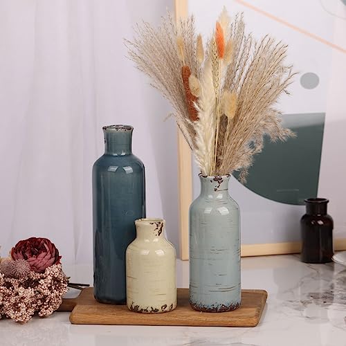 Multicolor Ceramic Vase Set of 3 - Coastal Rustic Farmhouse Decor Flower Vases for Shelf, Dining Room Table, Fireplace Mantel, Living Room, Coffee Table, Tabletop, Kitchen Cabinet, Entryway Decoration - color: Blue Grey Beige