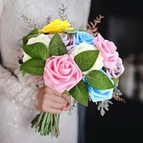 100 Pcs Artificial Foam Rose Flower Faux Bouquet Wedding Fake Rose Gift for Mother's Day Women DIY Bridal Shower Party Table Birthday Home Spring Decor (Macaron Colors) - color: Macaron Color