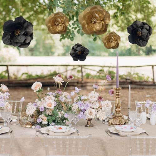 BRT Bearingshui Crepe Paper Flowers Decoration for Wall Total 6 Pcs, Artificial Flowers for Wedding Decor,Flower Backdrop Decor, Baby Bridal Shower Birthday Party, Black Gold 3D Wall Flowers Decor - color: Gold Black