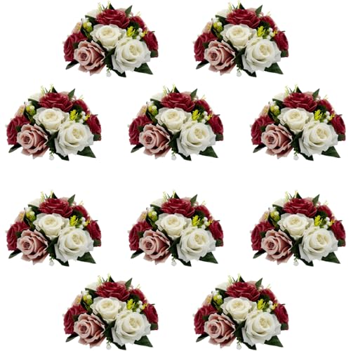 10Pcs Artificial Flower Balls for Centerpieces, Fake Floral Centerpieces Wedding Roses Bouquet for Parties Valentine's Day Wedding and Home Decor (Burgundy & Dusty Rose & White) - color: Burgundy & Dusty Rose & White