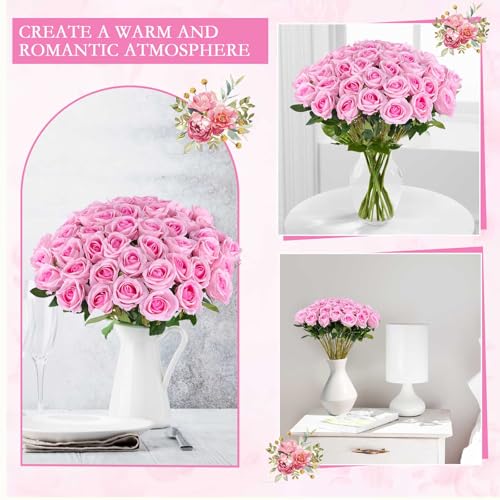 Hananona 50 Artificial Roses in Bulk, Fake Silk Pink Roses Realistic Roses for Wedding Centerpieces Flower Arrangement Home Decor (50, Pink) - color: Pink