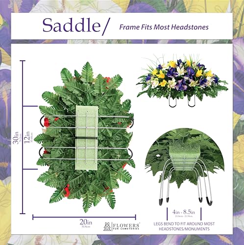 Sympathy Silks Artificial Cemetery Flowers - Grave Decoration - Yellow Tulip and Purple Iris (1) Headstone Saddle - color: Yellow/Purple, size: (1) Saddle