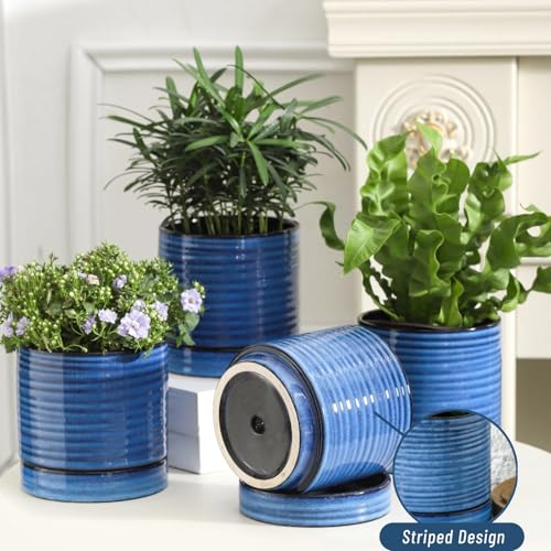 HASENSE Ceramic Plant Pots with Saucers Set of 4, 4.6 Inch Planters for Indoor Plants with Drainage Holes,Blue Flower Pots for Snake Plants & Cactus, Modern Farmhouse Windowsill & Tabletop Decor - color: Blue