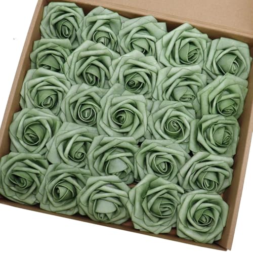 Artificial Flowers 50PCS Real Looking Elf Green Roses Fake Roses with Stem for DIY Wedding Bouquets Centerpieces Party Baby Shower Home Decorations - color: Elf Green, size: 3"/50pcs