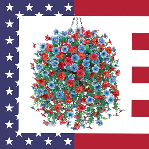 HyeFlora Artificial Hanging Flowers Basket for Outdoor, Fake Flowers Faux Plants Look Real for Yard Gardens Porch Patio Home (Blue+Red) - color: Blue+red
