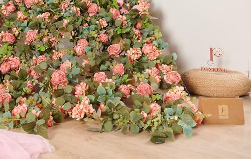 PONKING Flower Garland Artificial Rose & Hydrangea Vine Hanging Fake Flowers Vines for Wedding Birthday Party Valentines Christmas Room Wall Arch Decor, 1 Rose & 1 Hydrangea Dark Pink Floral Garland - color: Large Rose & Hydrangea Dark Pink Vines 5.4ft