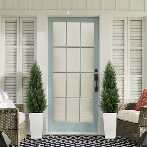 5FT Tall 2 Pack Artificial Cedar Topiary Trees with Compact Pyramidal Shape, Realistic Faux Cypress in Square White Pot with Fillable Water Bag, Outdoor Evergreen for Front Porch Garden Home Decor - color: White-pyramid Topiary, size: 5ft-2pack