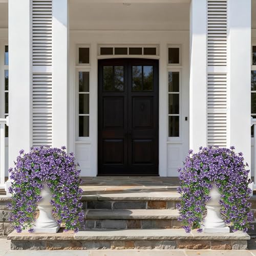 GLIDLION 4 PCS Artificial Morning Glory & Eucalyptus for Outside, Realistic Sun Resistant Fake Silk Hang Flower Faux Eucalyptus Leave for Patio Farmhouse Garden Porches Balcony Decor (Purple) - color: Purple