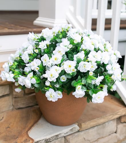 HyeFlora Artificial Fake Flowers Plants for Outdoor Outside Spring Decoration, Faux Silk White Camellia UV Resistant Realistic for Front Door Porch Planter Pot Patio Balcony, 3 Large Bundles - color: White