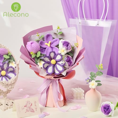 Alecono Crochet Flower Bouquet, Purple Knitted Flowers, Crochet Tulip Galsang Flower for Lover Anniversary Birthday Party Mother's Day Graduation Gifts (Include Card) - color: Purple, size: Large