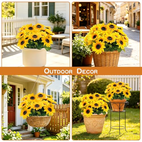 TURNMEON 28Pcs Sunflowers Artificial Flowers for Outdoors Summer Decor, 4 Pack Fake Flowers Silk Faux Sunflower Bouquet Mum Flowers Arrangement for Vase Wedding Table Indoor Home Fall Cemetery Decor