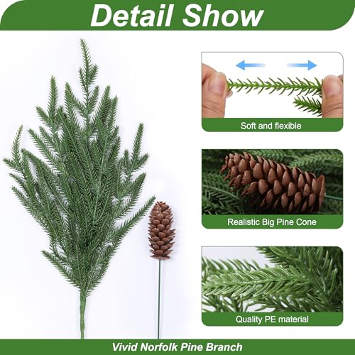 florisso Artificial Christmas Norfolk Pine Stems Branches for Vases,12 Bundles Faux Pine Branches with 5 PCS Big Fake Pinecones Stems Greenery Evergreen Real Touch for Holiday Winter Table Xmas Decor - color: Big Pine Cones