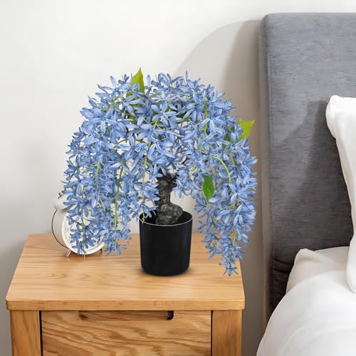 Artificial Flowers 13.8" Tall with Silk Wisteria Blue Flower Arrangement and Realistic Wood Fake Bonsai Tree Plants Faux Plants for Spring Home Bedroom Office Bathroom Coffee Table Centerpiece Decor - color: Blue-13.8