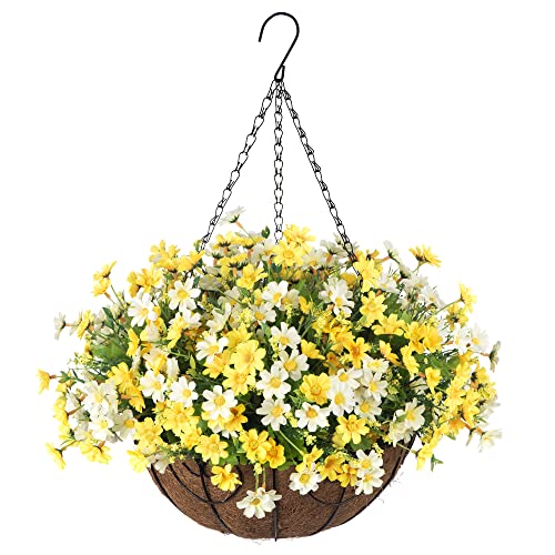 Ammyoo Artificial Hanging Flowers with Basket for Spring Outdoor Decor, Fake Mums Hanging Plant, Faux Daisy Flowers Uv Resistant for Patio Garden Porch Deck Indoor Decoration(Yellow White) - color: Yellow and White