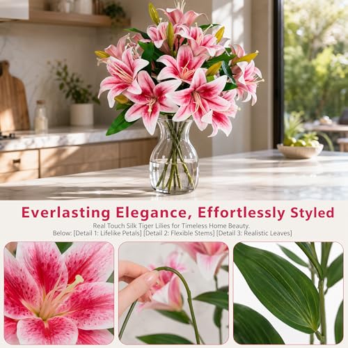 ATFL Artificial Lilies Flowers,9 Pcs Faux Lily Flowers,16''Tiger Lily Branches with 2 Full Blooms and 1 Bud,Faux Fake Lilies Plants for Wedding Bouquet Floral Arrangements (9, deep Pink) - color: Deep Pink