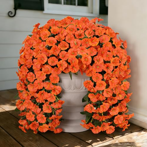 Artificial Flowers for Outdoor Decoration, 2 PCS Orange Fake Morning Glory, Silk Trailing Vines Look Real UV Resistant for Spring Porch Planter Patio Decor - color: Orange 2