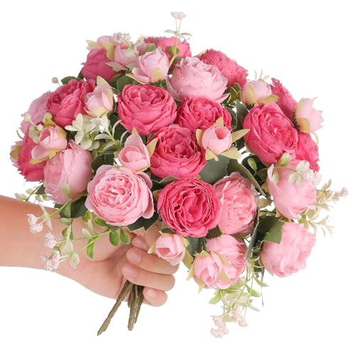 Floweroyal 2 Bunches Peony Artificial Flowers Pink Flowers Silk Peonies Bouquets for Wedding Party Table Centerpieces Floral Arrangement Home Kitchen Decor - color: Mixed Pink-2pcs