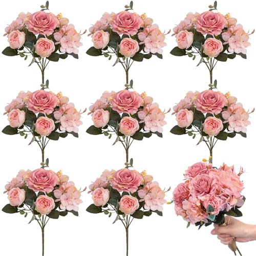Yunsailing 8 Packs Artificial Peony Flowers Faux Silk Hydrangea Bouquet Vintage Wedding Home Table for Door Decor Reusable Bouquet of Rose Flowers for Valentine Wedding Birthday Party(Light Pink) - color: Light Pink, style: Hydrangea