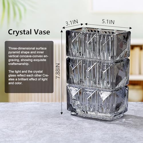 Gray Crystal Flower Vase Heavyweight Smoked Glass Centerpiece Modern Dark Vases for Living Room Industrial Home Decor Spotless Finish 5.1x3.11x7.88 in 1 Pc - color: Clear Gray