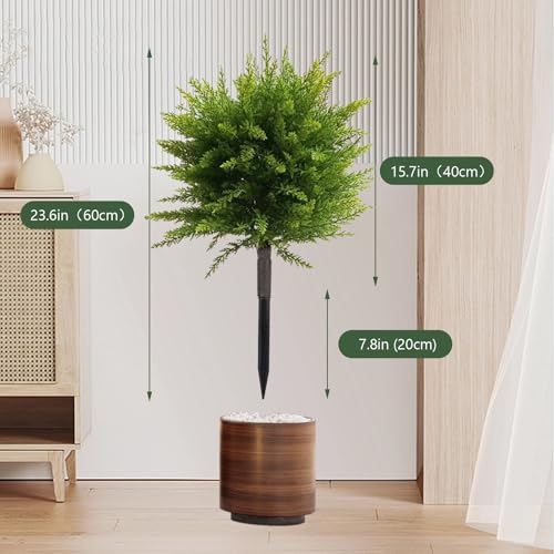 23.6" Artificial Cypress Topiary Tree with Ground Spike, Set of 2 Faux Cedar Bushes, Fake Evergreen Tree for Porch, Artificial Shrub Bushes Outdoor Indoor