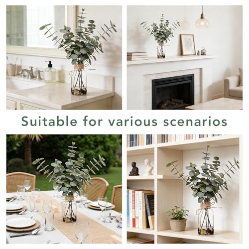 15.74” Artificial Eucalyptus Stems in Glass Vase with Faux Water & Natural Stones, Lifelike Fake Greenery for Modern Farmhouse Home Decor, Bathroom Decor, Office Desk Centerpiece - color: Sl-0974