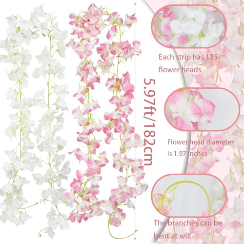 2 Pcs Artificial Bougainvillea Flowers Garland Fake Silk Bougainvilleas Vines Trailing Faux Hanging Flowers Plants Bougainvillea Artificial for Porch Wedding Arch Spring Summer Decor Pink White - color: Pink, White