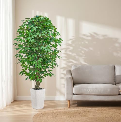 6FT Artificial Ficus Tree Indoor, Large Fake Ficus Tree with Natural Wood Trunk & Realistic Silk Leaves, Tall Faux Tree for Living Room, Office, Home Decor, White Pot Included