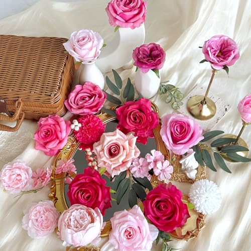 Fuschia Silk Artificial Flowers Combo Box Set Hot Pink Roses Flowers Dahlia DIY Bridal Wedding Bouquets Cake Fake Floral with Stems Arrangements Baby Shower Party Table Centerpieces Home Decor - color: Hot Pink, Fuchsia