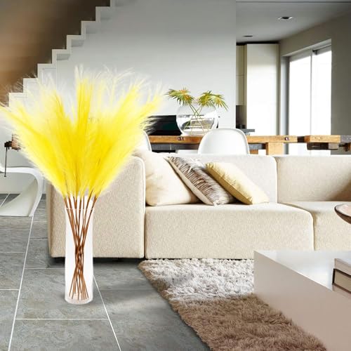 12 PCS Light Yellow Faux Pampas Grass 38"/3.1ft Tall Artificial Pompous Grass Large Fake Pompas Branches Plants Floor Vase Filler for Flower Arrangement Home Decor - color: Light Yellow