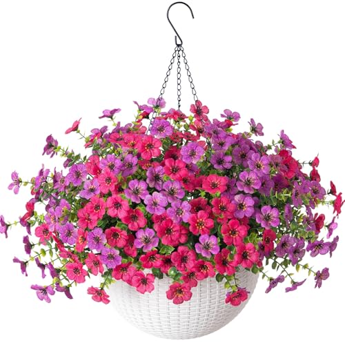 HyeFlora Artificial Fake Hanging Flowers Plants Basket for Outdoor Outside Decoration, Faux Silk UV Resistant Realistic Colorful Daisy in Planter for Porch Patio Garden Yard Home - color: Purplehotpink