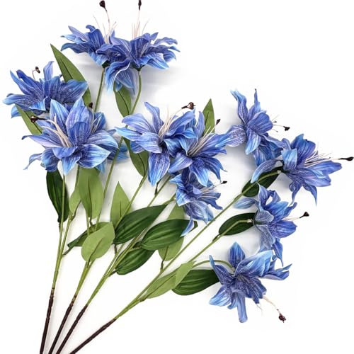 Artifical Lily Flowers Fake Stargazer Lilies Flower Bundles 4 Pack, Faux Silk Lily Floral Stems for Indoor Outdoor Home Garden Decor Office Party Wedding Arrangement Bouquets DIY Decoration - Blue - color: Lily Silk Flowers / Blue 4 Pack