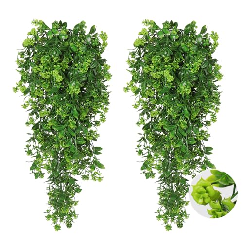 RECUTMS Fake Hanging Plants 2Pcs Outdoor Greenery Artificial Hanging Flower for Outdoors Hanging Basket Artificial Hanging Plants Plastic Home Garden Wedding Party Shelf Aesthetic Decorations(Green) - color: Green-rose