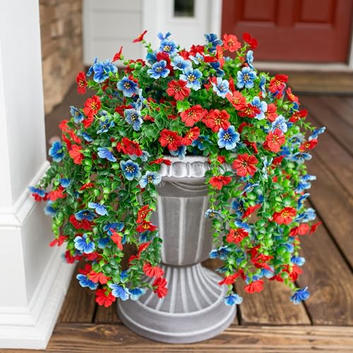 HyeFlora Faux Flowers for Outdoors Decoration, 2Pcs Artificial Fake Hanging Spring Summer Decor, Red and Blue Realistic Plants, UV & Fading Resistant Silk Flower for Porch Patio Balcony Planter Yard - color: Blue+red