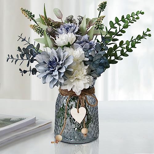 Leftover Fake Flowers in Vase,Faux Flowers in Vase,Table Centerpieces for Dining Room,Flower Centerpieces for Tables,Artificial Flowers,Kitchen Decor,Coffee Table Decor - color: Blue