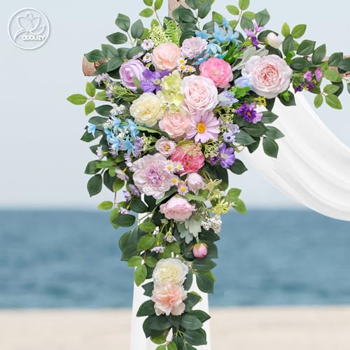 Odouzy Wedding Arch Flowers Kit,Artificial Flower Arch Decor (Set of 3),2pcs Artificial Flower Arrangement with 1pc Sheer Drape for Wedding Decor Reception Backdrop Floral Decorations (Bluish Pink) - color: Bluish Pink